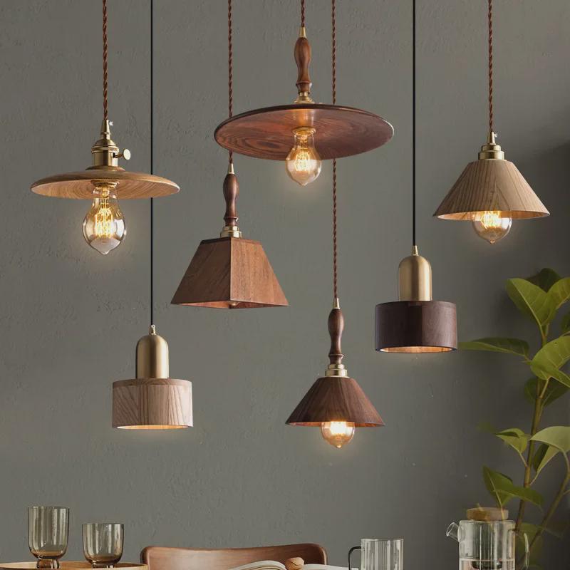 Nordic Style Black Walnut Retro Brass Chandelier for Restaurant or Bar