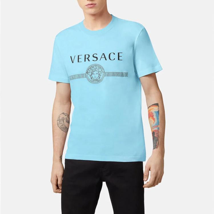 Versace Хлопковая футболка с принтом Медузы, круглым вырезом, коротким рукавом, мужская, небесно-голубая A87573-A228806-A1461
