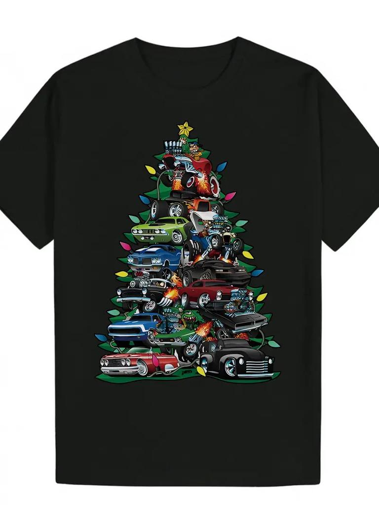 Men's Vintage Christmas Car Tree Print T-Shirt - Black Retro Automotive Holiday