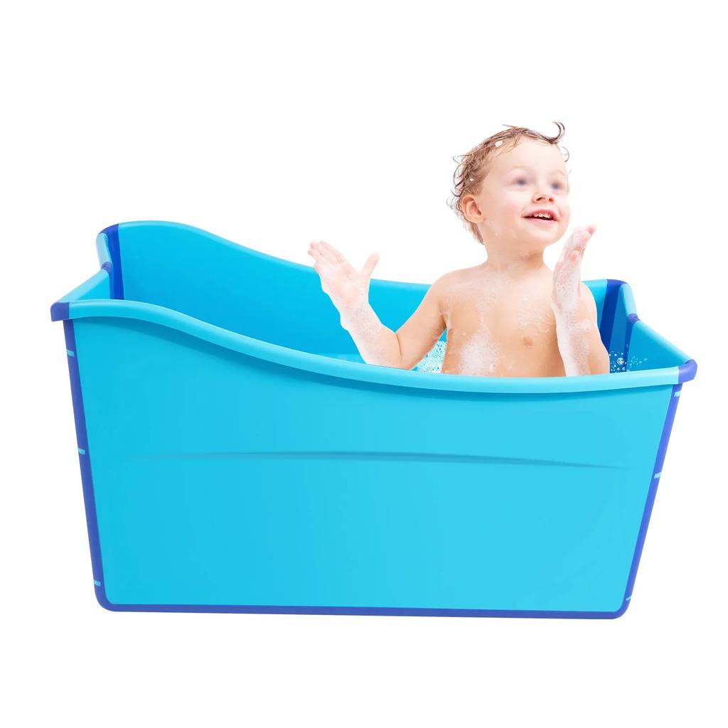 Foldable Adult Bath Tub, 38Inch Collapsible Soaking Bathtub Blue Thickened Plastic Folding Bathtub Rectangle for Household