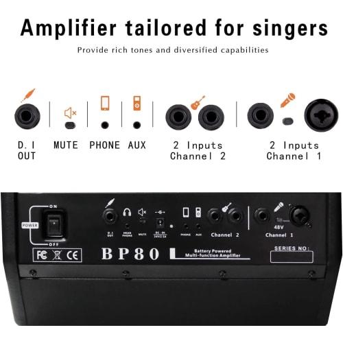Coolmusic BP80 Battery-Powered Acoustic Guitar Amplifier - Portable BT Amplifier 100W, 6 Inputs, 3-Band EQ, Black