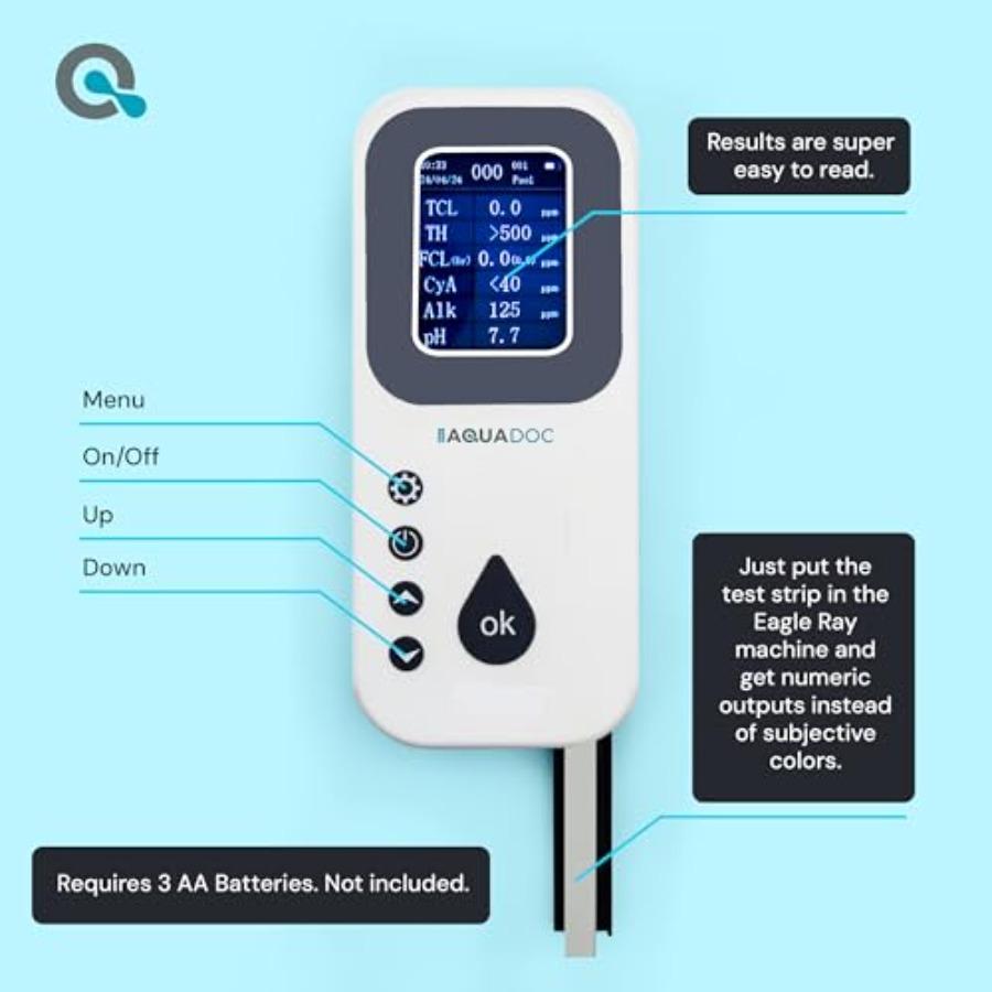 Цифровой набор для тестирования воды в бассейне Eagle Ray с цифровым тестером и 30 тест-полосками для определения хлора, брома, общей жесткости, циануровой кислоты