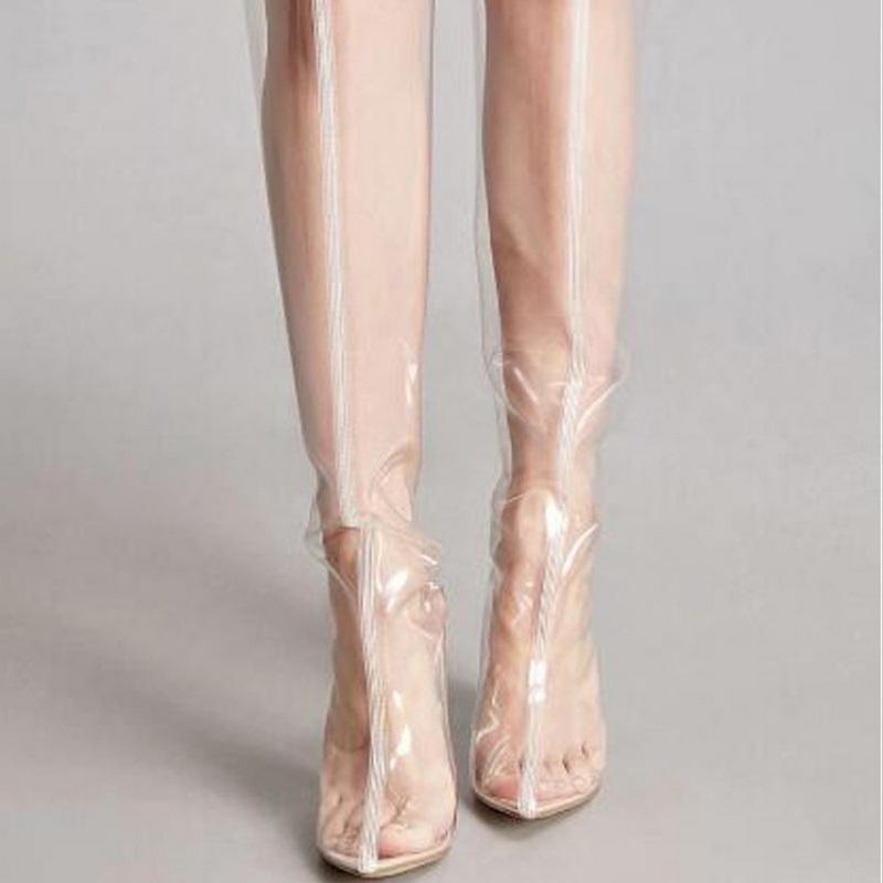 Мода FHC 11см Кристальный каблук Женские ботфорты выше колена, Длинные боты выше колена, Сексуальная прозрачная обувь Острый носок, Застежка-молния сзади, 34-48, Дропшиппинг