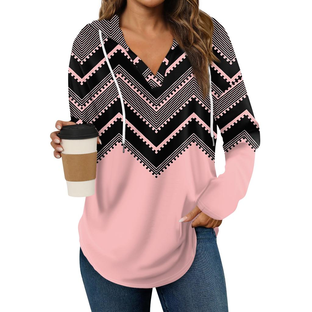 Women's Fashion Hoodies V Neck Long Sleeve Printed Drawstring Casual Loose Pullover Tops