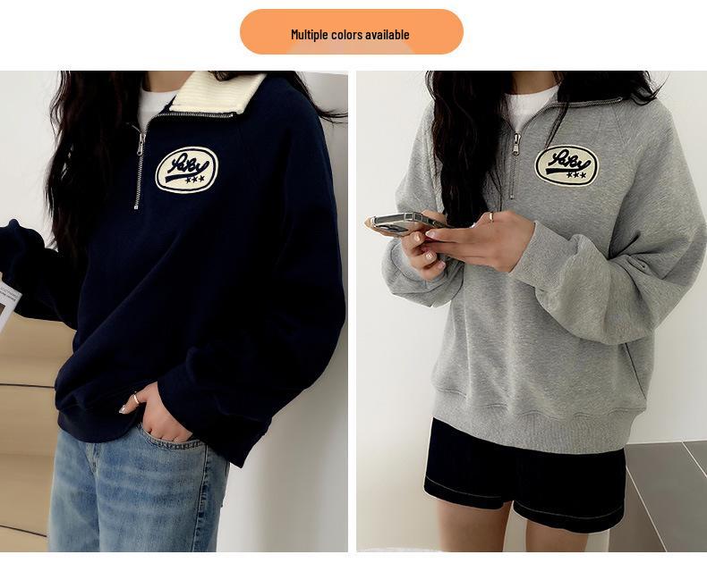 Женский ретро свитшот поло на молнии до середины - Маленький размер, Свободный крой, Корейский стиль, Весна/Осень 2025