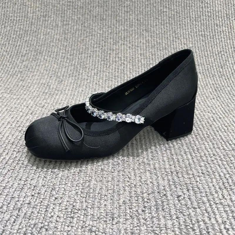 Shoes For Women Korean Style With Bow Square Heels Woman Pumps Promotion Hot And Low Price Non Slip Summer 2024 Discount Social