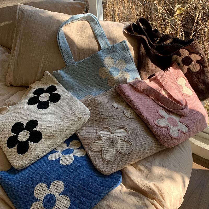 Knitting Woolen Flower Decor Tote Bag Women Crochet Fashion Open Shopper Top-handle Bag Female Daily Large Capacity Handbag