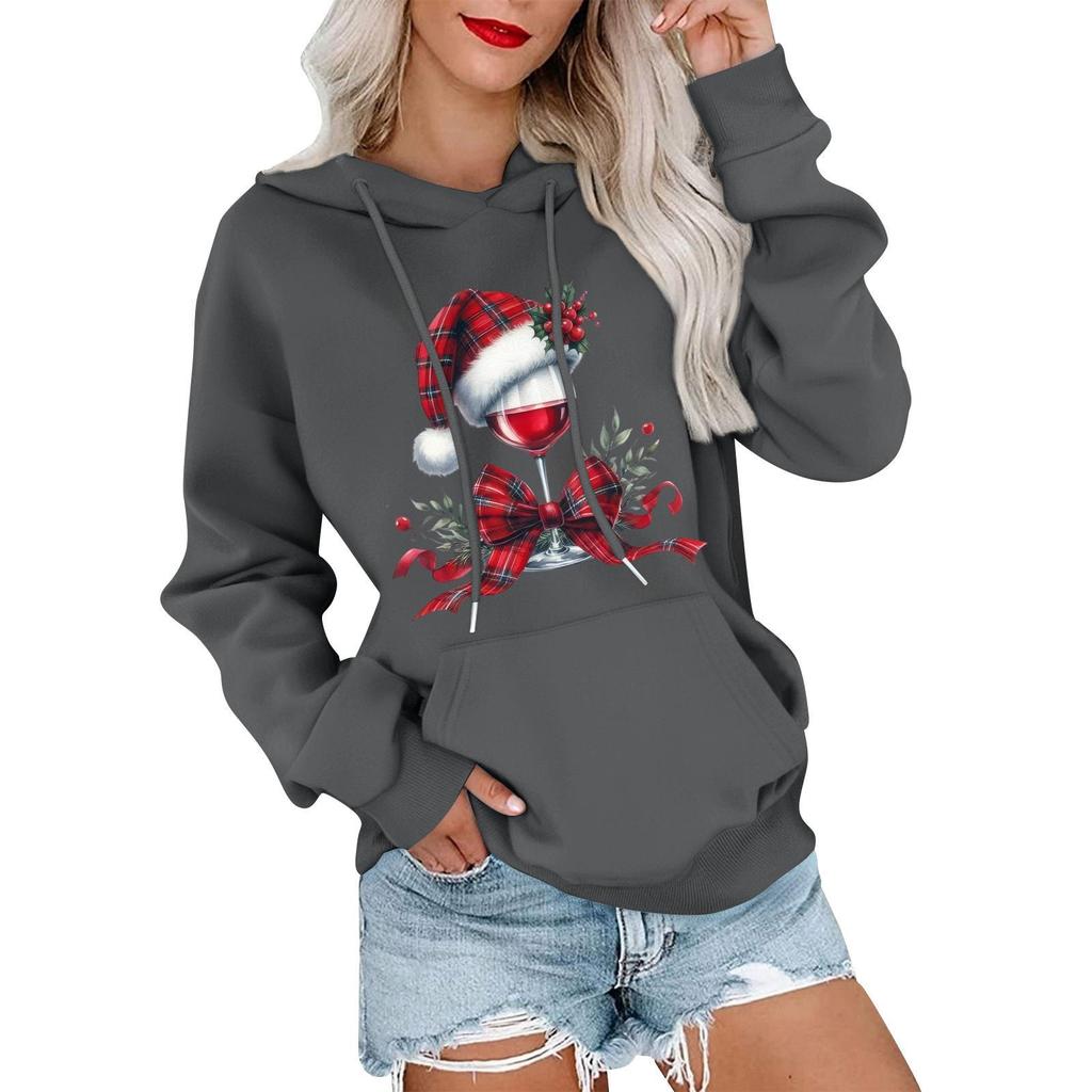 Women's Casual Comfortable Neck Hooded Long Sleeve Christmas Print Warm Sweatshirt