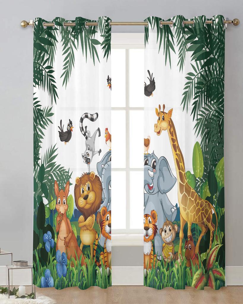 Tropical Jungle Cartoon Animal Giraffe Lion Elephant Sheer Curtains Room Decoration Window Curtains Kitchen Tulle Voile Curtains