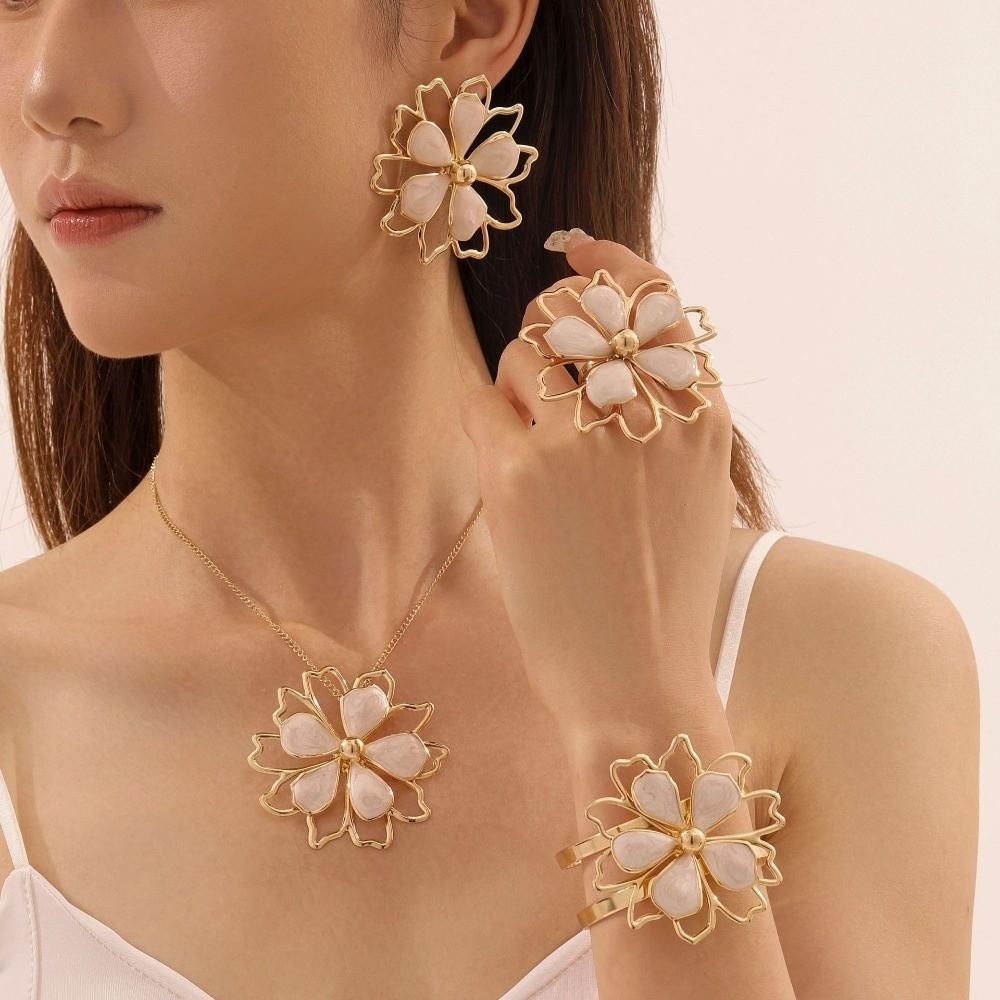 Double Layer 3D Lotus Flower Jewelry Set Hollow Out Flower Necklace Gifts Flower Jewelry Set Women