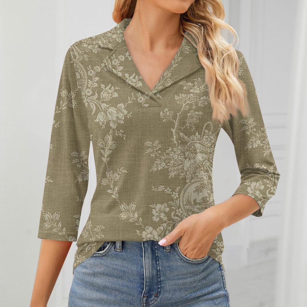 Женский модный топ для отдыха с семиточечным рукавом и V-образным вырезом, со вставками на манжетах и ​​принтом