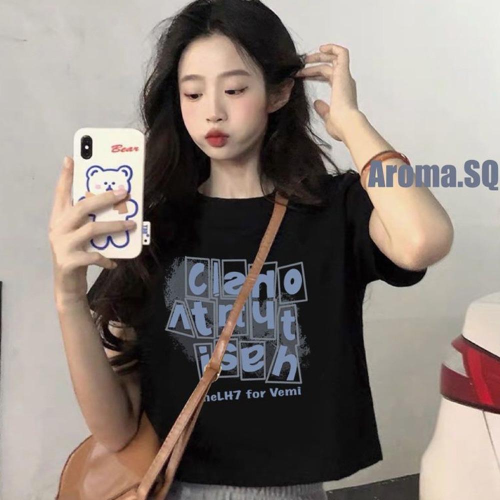 Pure Cotton Short T-shirt Design Summer Hot Girl Short Sleeve Black Loose Top