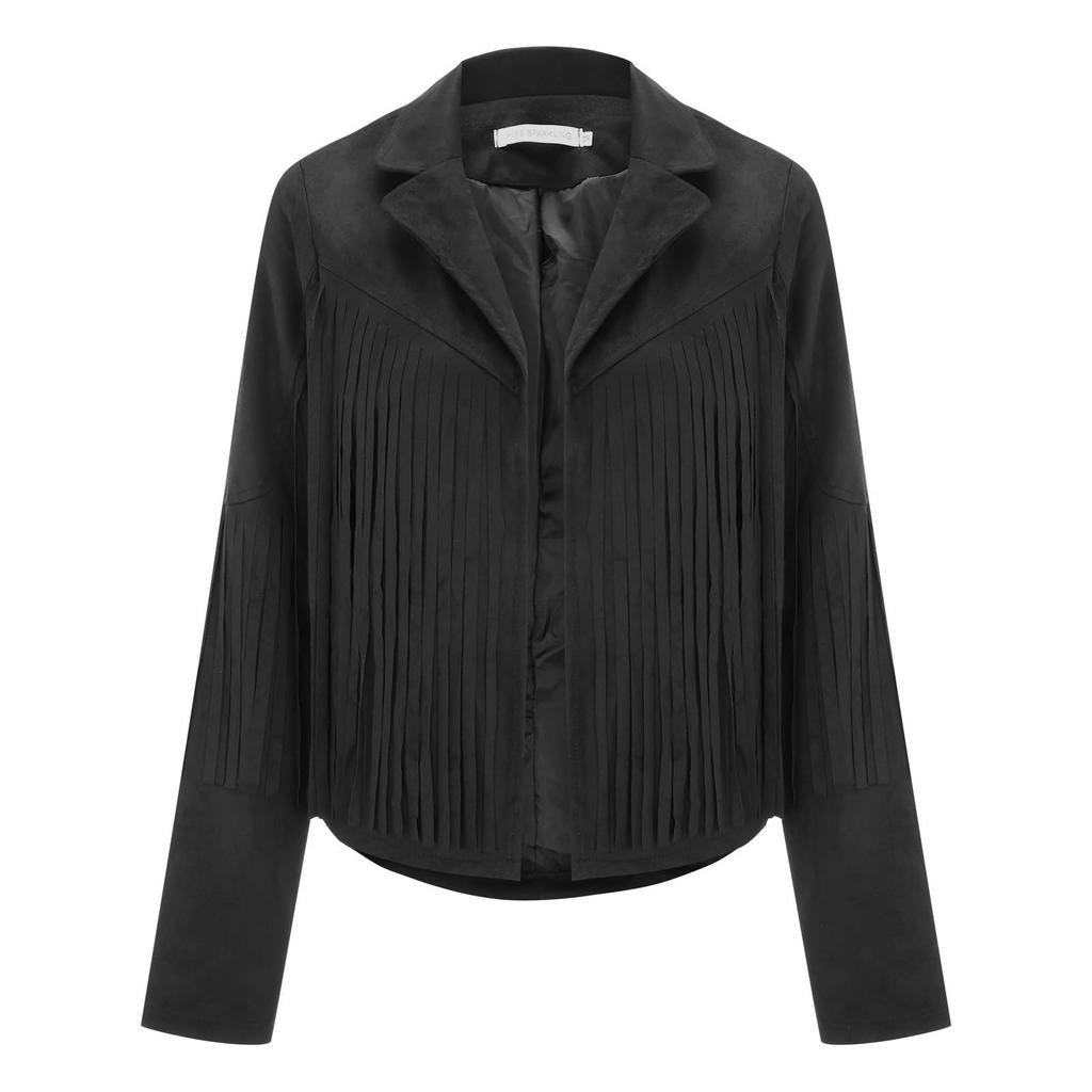 Женские куртки из искусственной замши с кисточками - винтажные лацканы с открытым передом в ковбойском стиле, кардиган с длинными рукавами и кисточками, топы