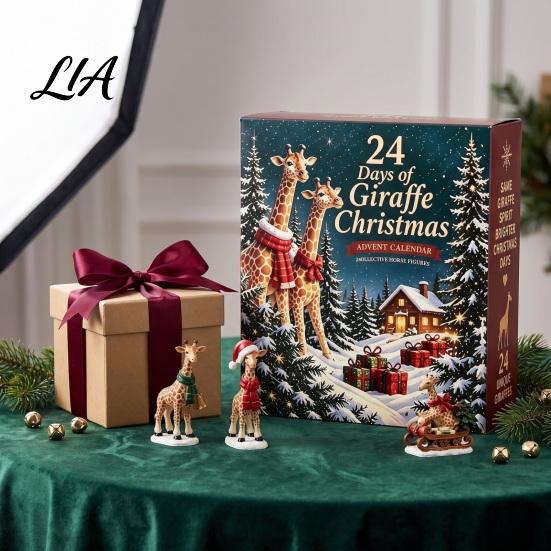Christmas Keepsake Collectibles Giraffe Advent Calendar, 24Pcs Acrylic Ornament Set with Santa Hat Party Favors Wreath Designs, Holiday Tree