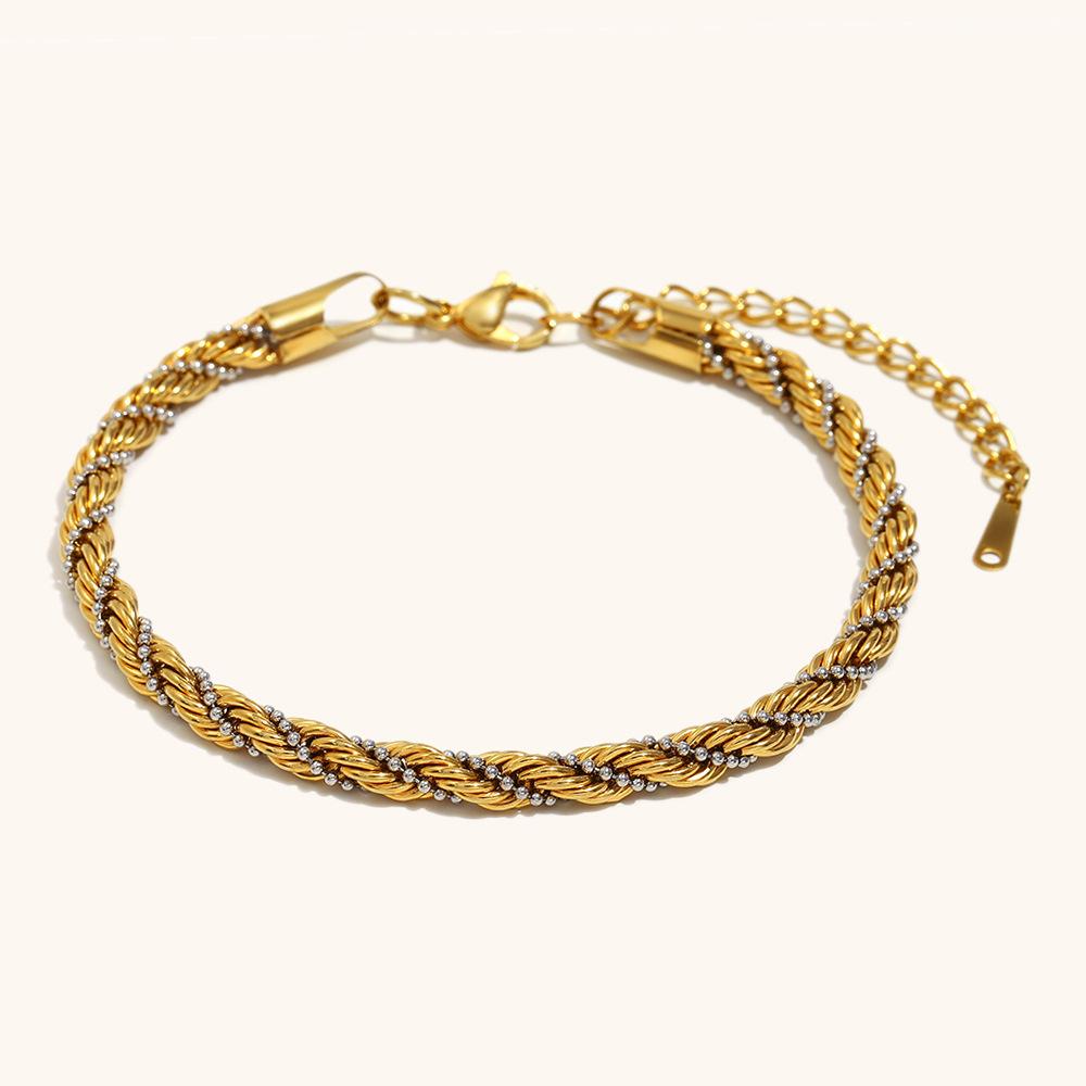 Rz Stainless Steel Plated 18K Gold Body Chain with Twisted Beads, Hand-Wrapped Bracelet