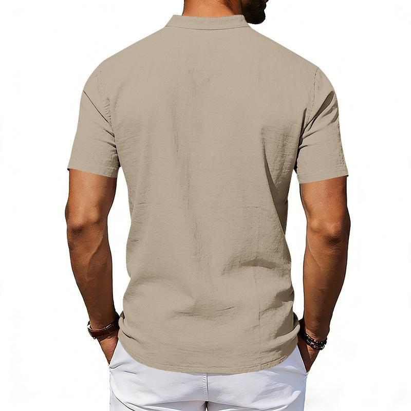 Men's Linen‑Blend Mandarin Collar Short‑Sleeve Shirt, Stand Collar Button‑Down with Chest Pocket, Breathable Relaxed‑Fit Casual Summer Top for Daily