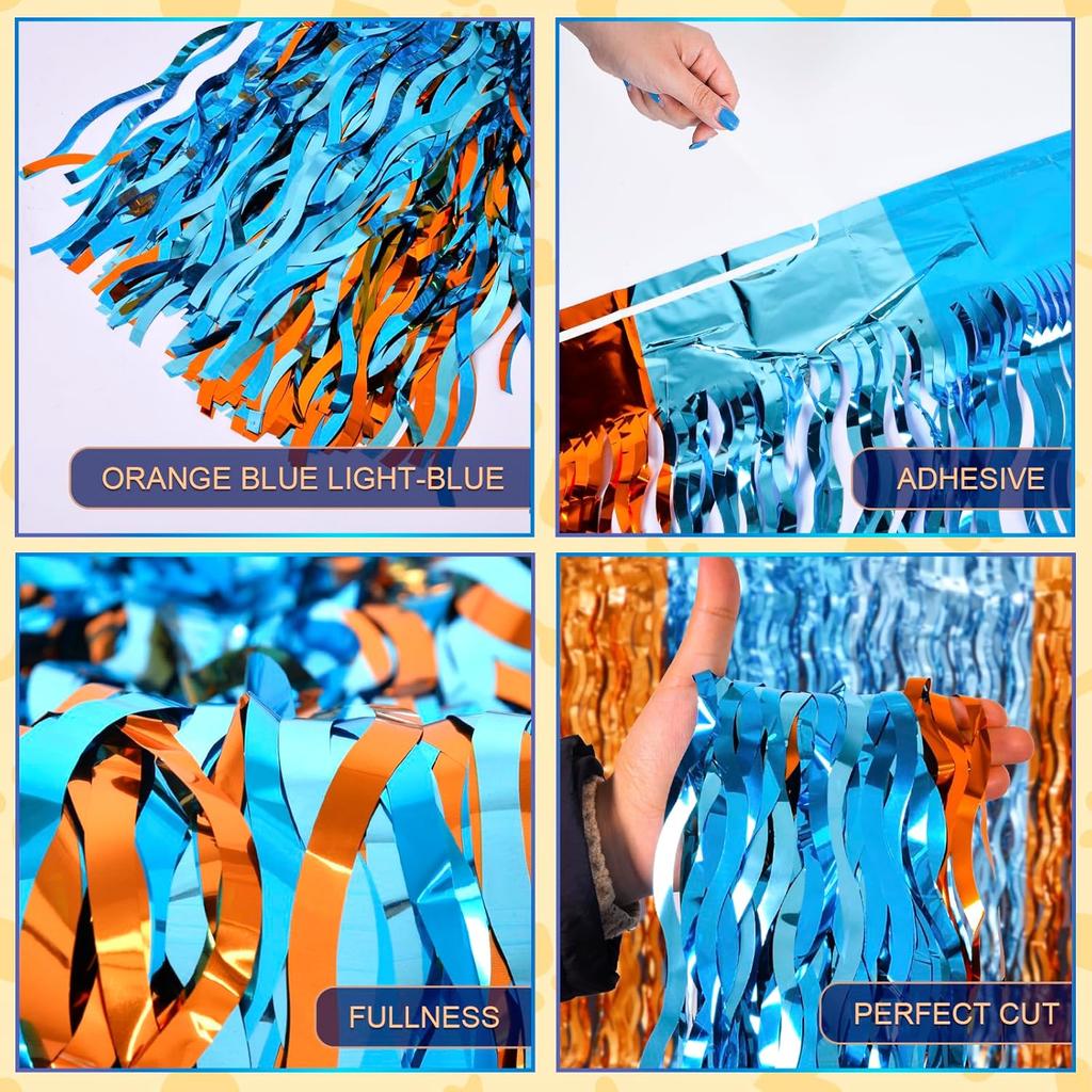 LOLStar Blue Dog Birthday Party Supplies 2Pack Orange Blue and Light Blue Wavy Metallic Tel Foil Fringe Table Skirt for Rectangle and Round