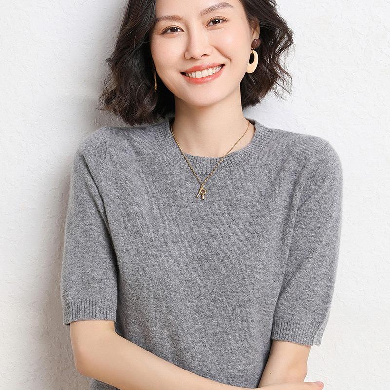 Женский свитер с круглым вырезом, шерстяной свитер с короткими рукавами, однотонный, для поездок на работу, простой, повседневный, трикотажный низ рубашки, теплый, удобный, на осень