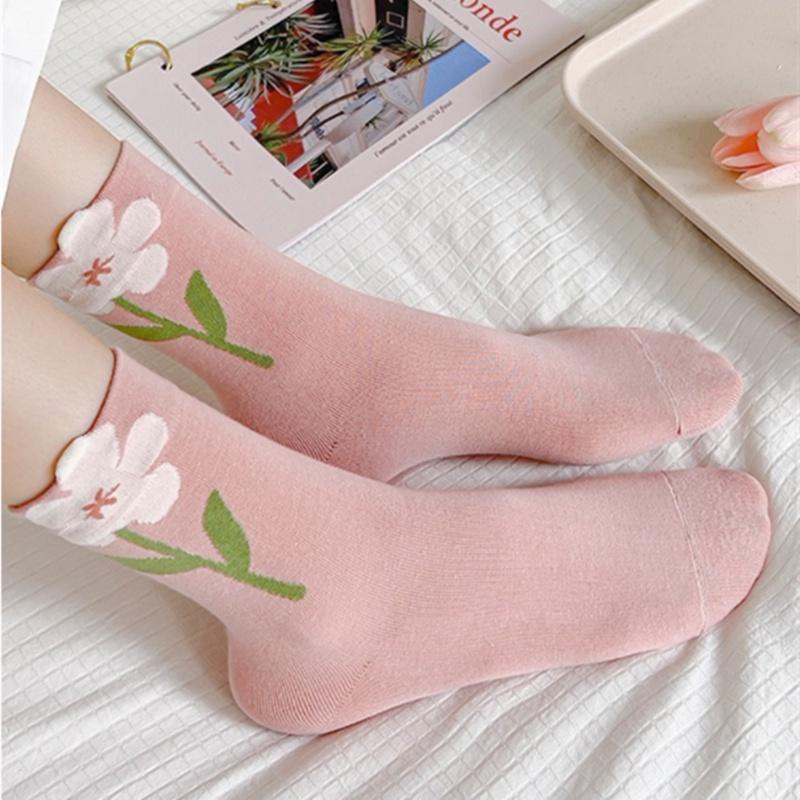 Женские милые цветочные чулки с тюльпанами средней длины на осень и зиму из чистого хлопка, мягкие и удобные