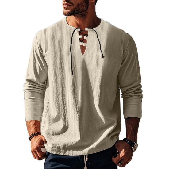 Мужская хлопковая рубашка с V-образным вырезом, длинный рукав, свободная футболка, однотонная летняя футболка