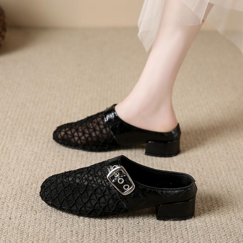 Мода Мода Баотоу Тапочки Лето Новые Круглый Носок Сетчатая Ткань Металлическая Пряжка Противоскользящие Износостойкие Обувь на Каблуке