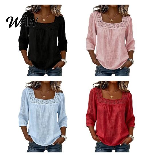 Skin-friendly Fabric Shirt Women Square Collar 3/4 Sleeve Pure Color Casual Loose Fit Tops Blouse Lace Splicing Summer Breathable