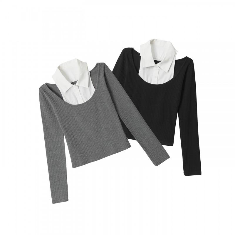 HeyHenry Womens Slim Fit Short Long Sleeve T-Shirt Korean Style Color Block Patchwork Top