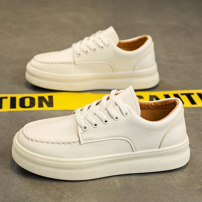 Thick Soled Breathable and Odor Proof Sports Men's Trendy Versatile Soft Leather Casual One Foot White Shoes