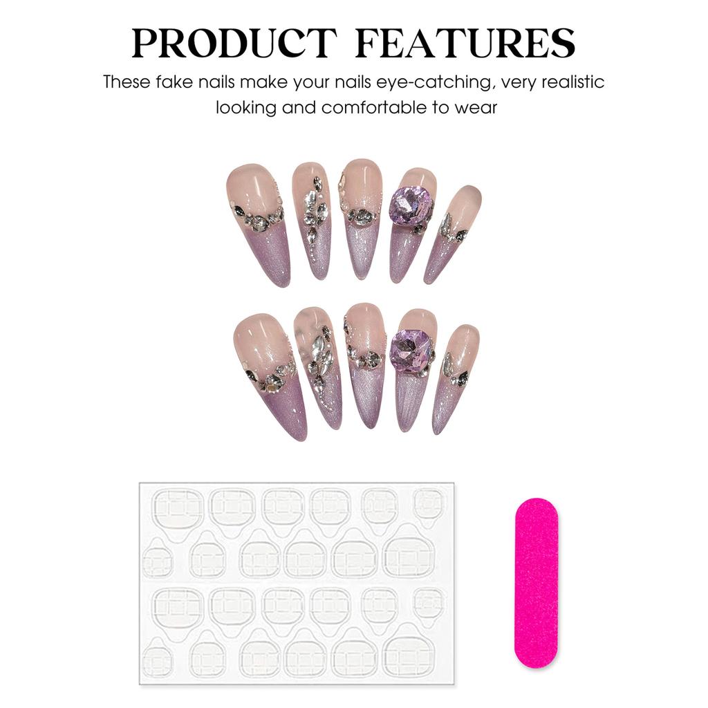 10pcs Purple French Style Fake Nail Patches Handmade Long Stiletto Press On Nails Glitter Rhinestone Designs Korean False Nail