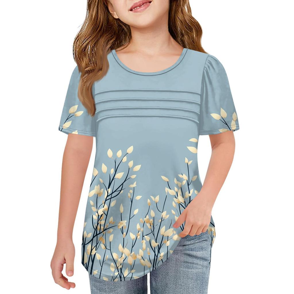 Детские футболки-складки, летние футболки с короткими рукавами и круглым воротником, с принтом цветов, пальто для отдыха