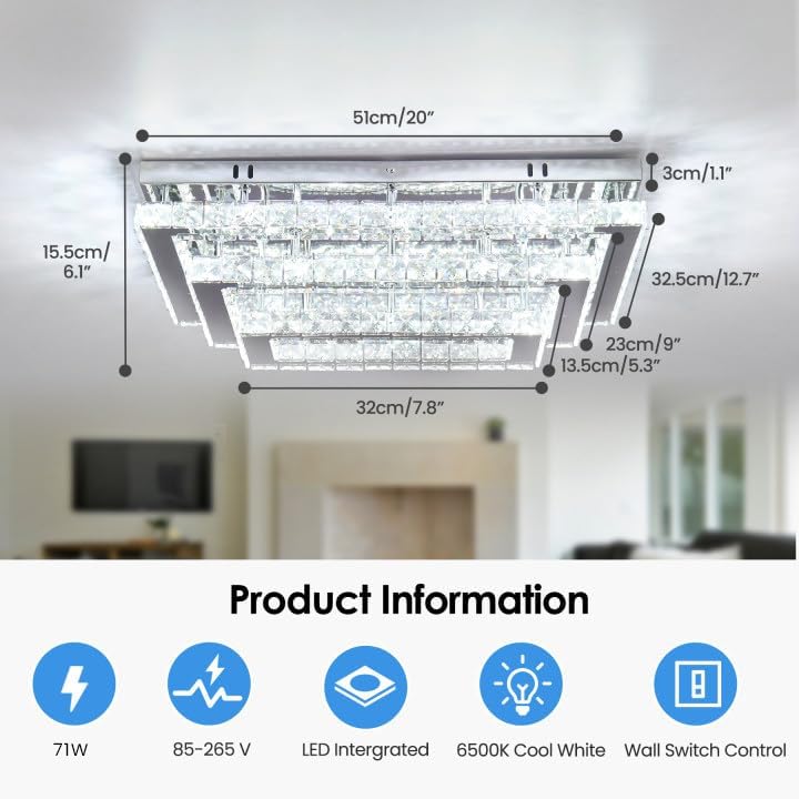 Modern Crystal LED Ceiling Light 50 cm Flush Mount Chandelier 3-Tier Stainless Steel Ceiling Lights 6500K Cool White
