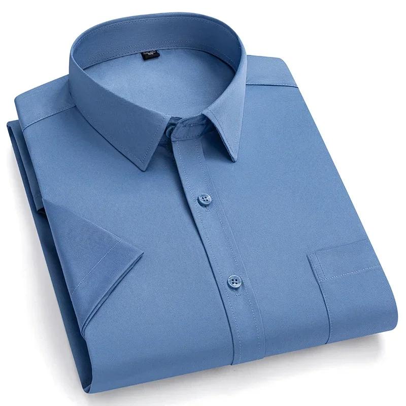Летняя мужская рубашка Не требует глажки Антискладки Business Casual Однотонная Эластичная Гладкая С коротким рукавом Для работы Социальная