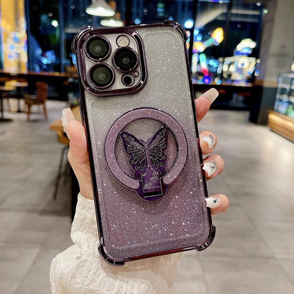Applicable to iPhone16ProMax mobile phone case butterfly glitter bracket Apple 15 four corners anti-drop protective case