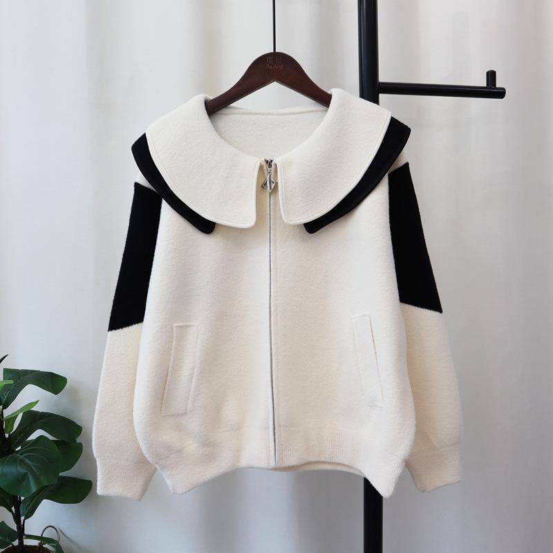 Дизайн с воротником-куклой, контрастный цвет, вязаный двусторонний твидовый жакет, осень-зима, новый свободный и тонкий свитер-кардиган для женщин