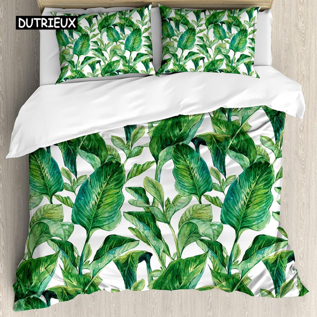 Leaf Duvet Cover Set Romantic Holiday Island Hawaiian Banana Trees Bedding Set Double Queen King Full Size Polyester Qulit Cover