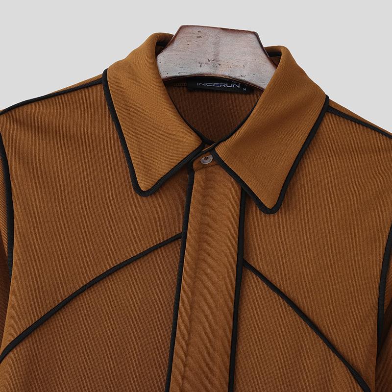 INCERUN Осенние мужские футболки с отложным воротником, длинными рукавами, в рубчик, повседневные