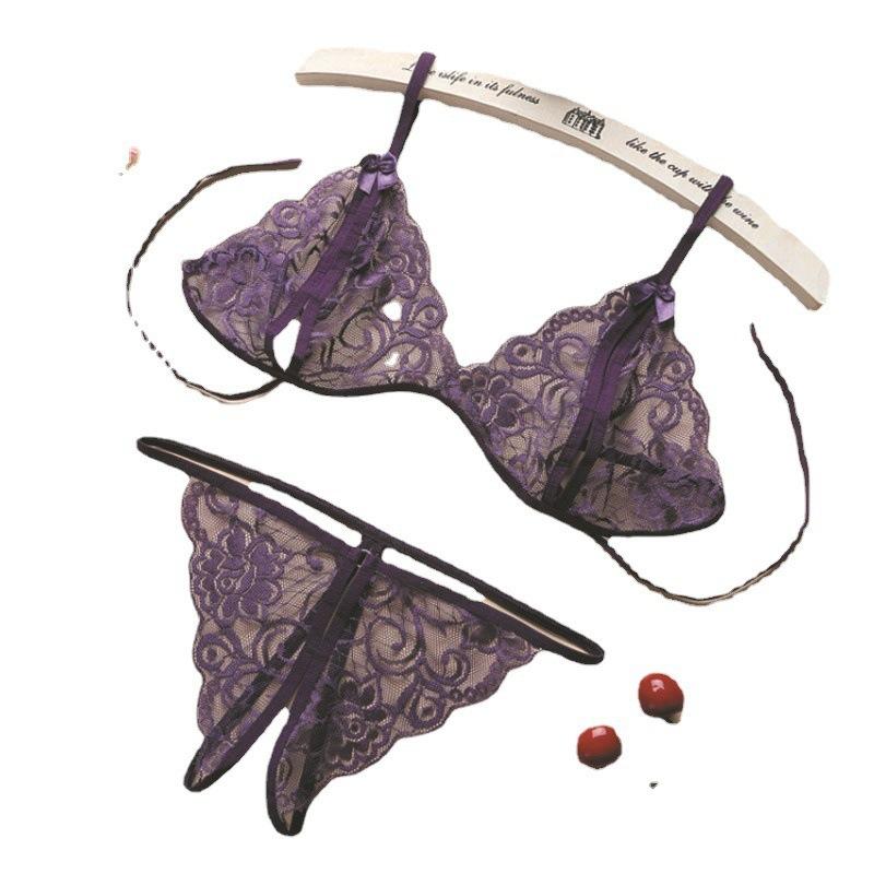 Sexy Underwear Women's Open Three-point Sexy Lace Transparent Open Panties Bra Strap Backless Temptation