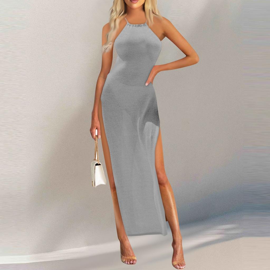 Женское платье с высоким разрезом и подтяжками, вязаное платье с воротником, летнее платье, сарафан без рукавов, платья-майки, пляжное платье