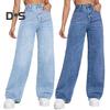 Женские джинсовые брюки с высокой талией, эластичные широкие джинсы с карманами, повседневные прямые джинсовые брюки на лето и осень
