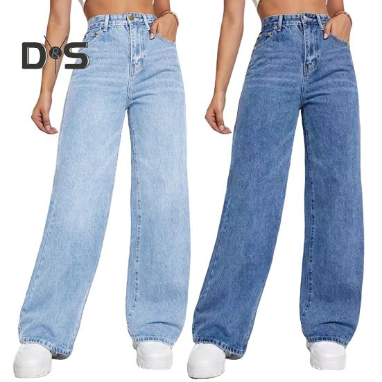 Женские джинсовые брюки с высокой талией, эластичные широкие джинсы с карманами, повседневные прямые джинсовые брюки на лето и осень