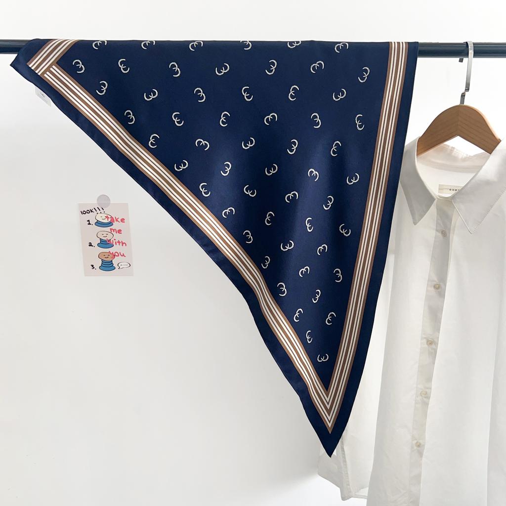 Korean design retro literary blue striped triangle scarf silk scarf summer thin scarf neck accessories small scarf