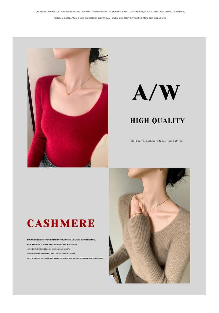 Chic Age-Defying Color-Block U-Neck Cashmere Sweater for Women - Slim Fit, Thick Knit Jacquard.