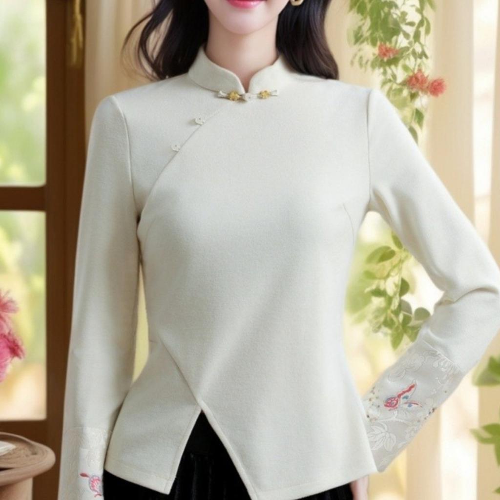 New Chinese Style White Inner Bottom Shirt Spring New Chinese Style Long-sleeved T-shirt Retro Top
