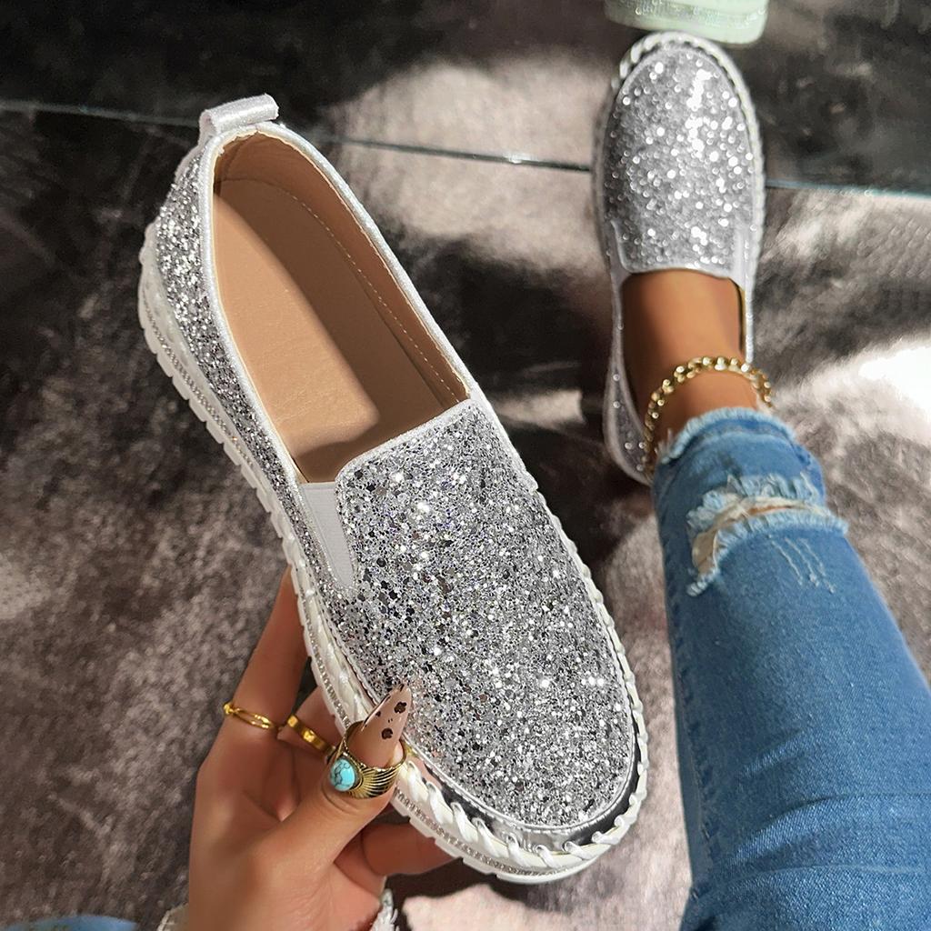 Fashion Women's Bling Rhinestone Decor Flats Comfort Thick Sole Slip On Casual Shoes Woman Fashion Gold Silver Glitter Platform Loafers