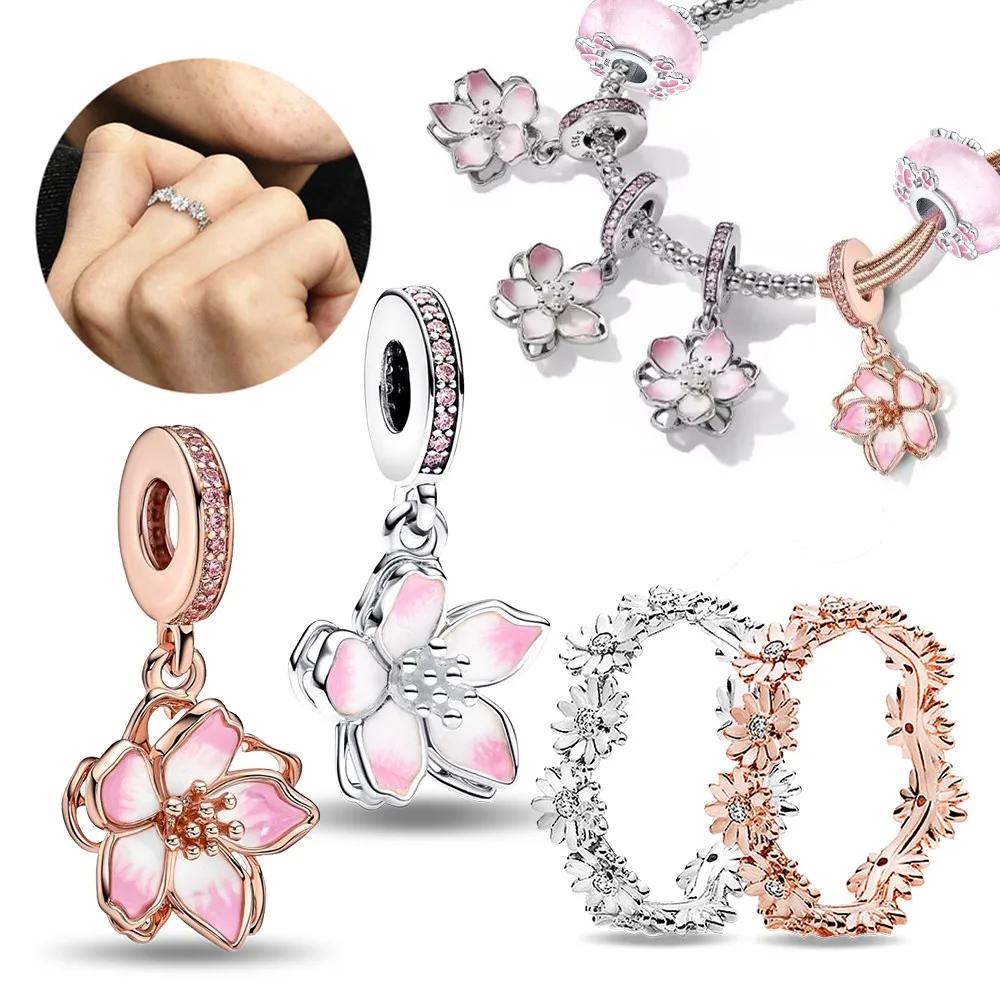 copper Pink Romantic Cherry Blossom Charm Bead Charms Bead Charms Flowers Rings Compatible With Pandora Bracelets Bead for Women Fine Jewellery Gift