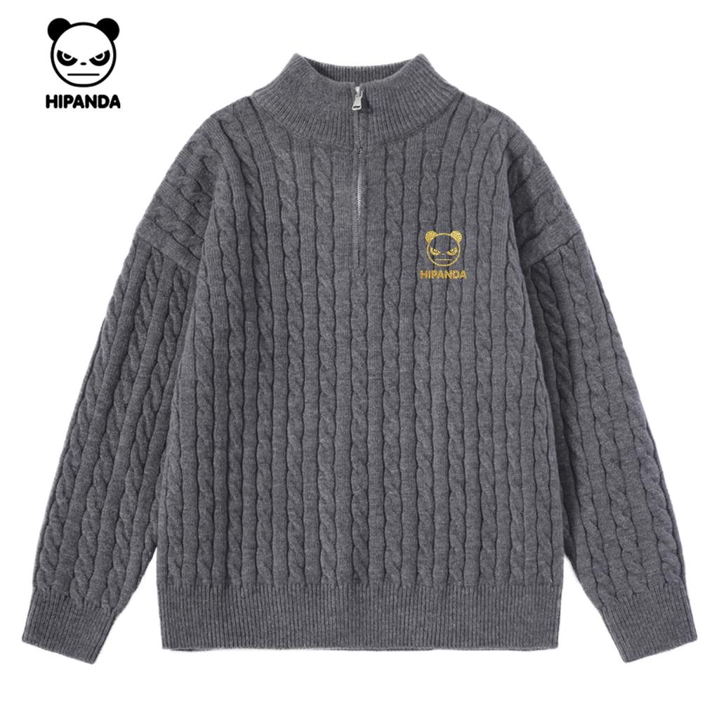 Hello Hipanda, Panda Retro Twisted Flower Half Zipper Stand up Collar Knitwear Sweater