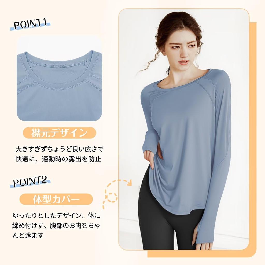 THREEGUN Yoga Long with Thumb Size M Women's Loose-Fit T-Shirt, Sleeve, Holes, Stretch, Cooling, Quick-Drying, (Blue)