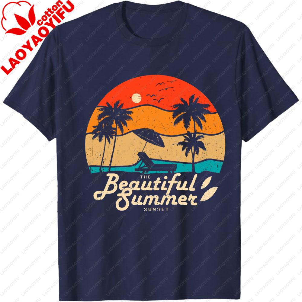 The Beautiful Summer Sunset Graphic TShirt Retro Sunset Relaxing Casual Daily Outfit Unisex Vacation Cotton Short Sleeve