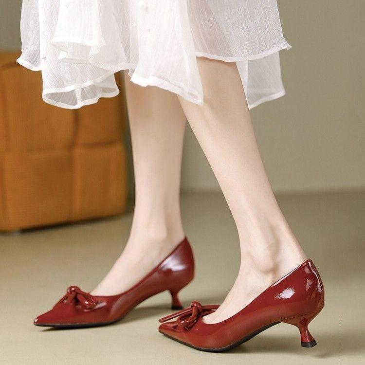 High Heels Medium Heel Red Bridal Wedding Shoes French Pointed Head Stiletto Single Shoes Femininity Bows Are Not Tired