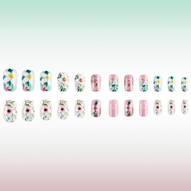 24 шт. Средние накладные ногти-гробик, весенний цветочный узор, глянцевые, полное покрытие, искусственные ногти, модные аксессуары для ногтей для женщин